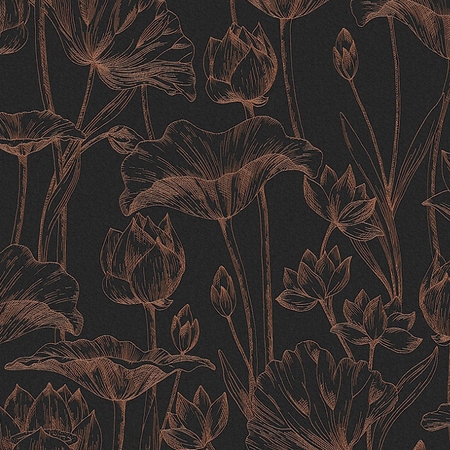 Lótuszvirág mintás tapéta, fekete-réz színben Lotus Copper Lot 304