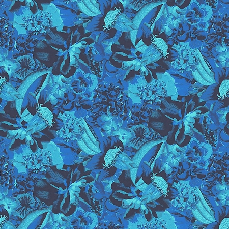 Élénk kék, extravagáns színű tapéta.Trópusi gyümölcsös mintája, valamint a nagy virágokkal, lombokkal az egzotikumot idézi fel ez a design tapéta.Frida Amparo.HAV 902