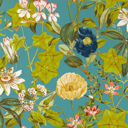 Golgotavirág mintás, színes design tapéta.Kék virágokkal. Clarke & Clarke PASSIFLORA CHAMBRAY  W0143/01
