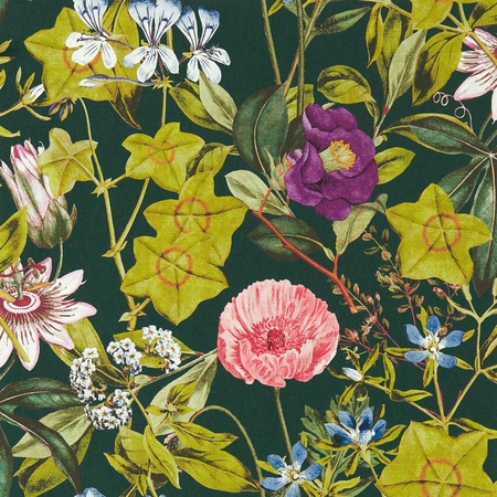 Golgotavirág mintás, színes design tapéta.Lila virágokkal. Clarke & Clarke PASSIFLORA EMERALD  W0143/02