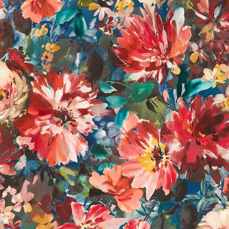 Trópusi, színes virágos design tapéta.Kékalapon színes virágokkal .Clarke & Clarke TAHITI MIDNIGHT  W0145/03