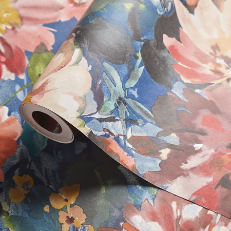 Trópusi, színes virágos design tapéta.Kékalap